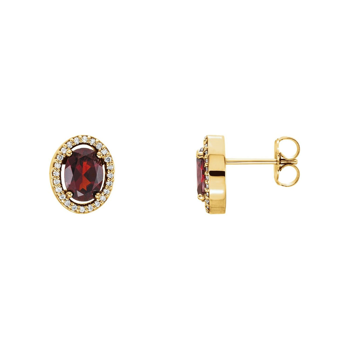 14K Yellow Gold garnet oval diamond stud earrings