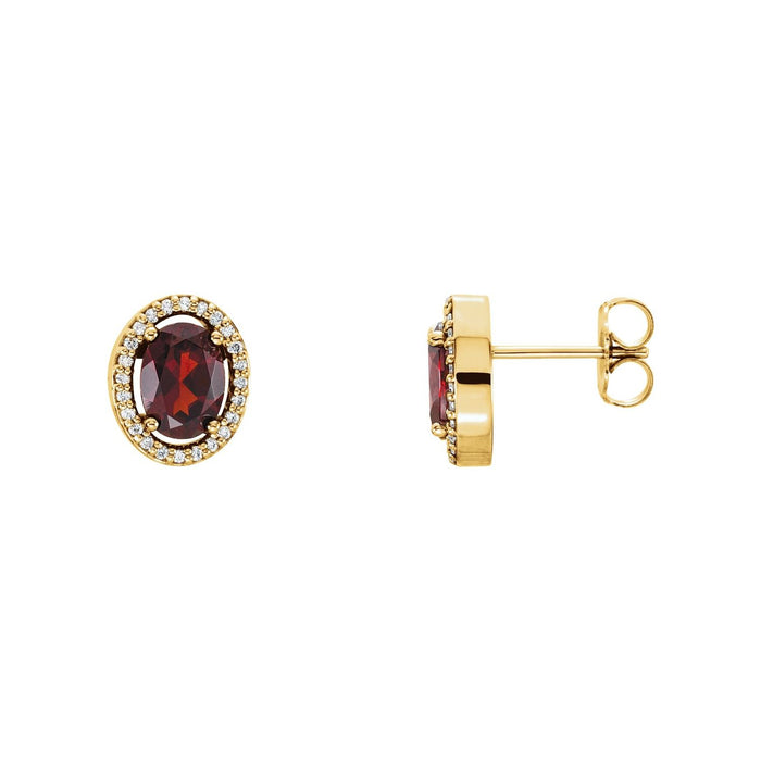 14K Yellow Gold garnet oval diamond stud earrings