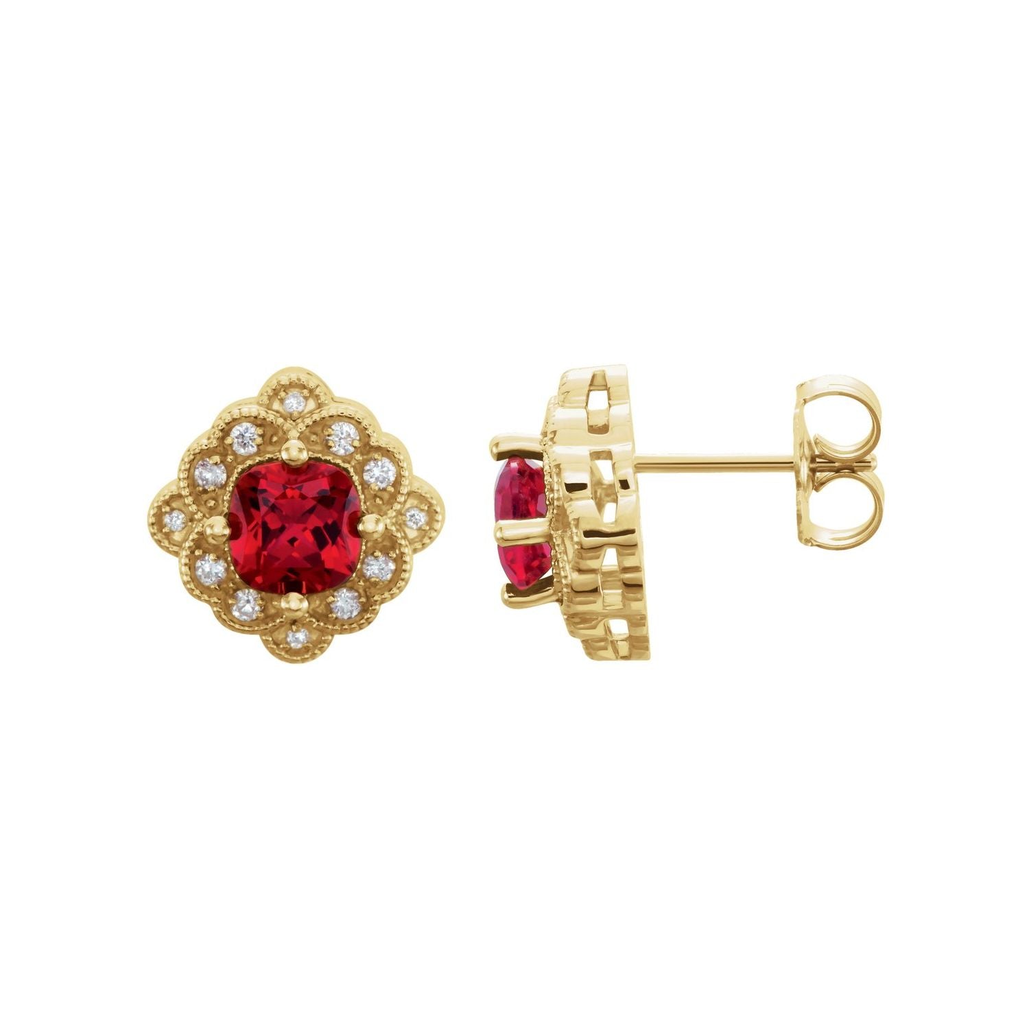 14K Yellow Gold lab-grown ruby cushion earrings with natural diamonds