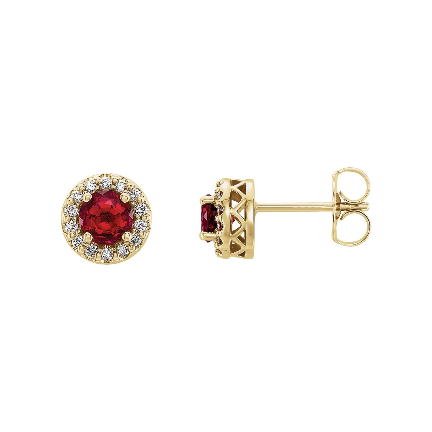 14K Yellow Gold lab-grown ruby round halo earrings with natural diamonds