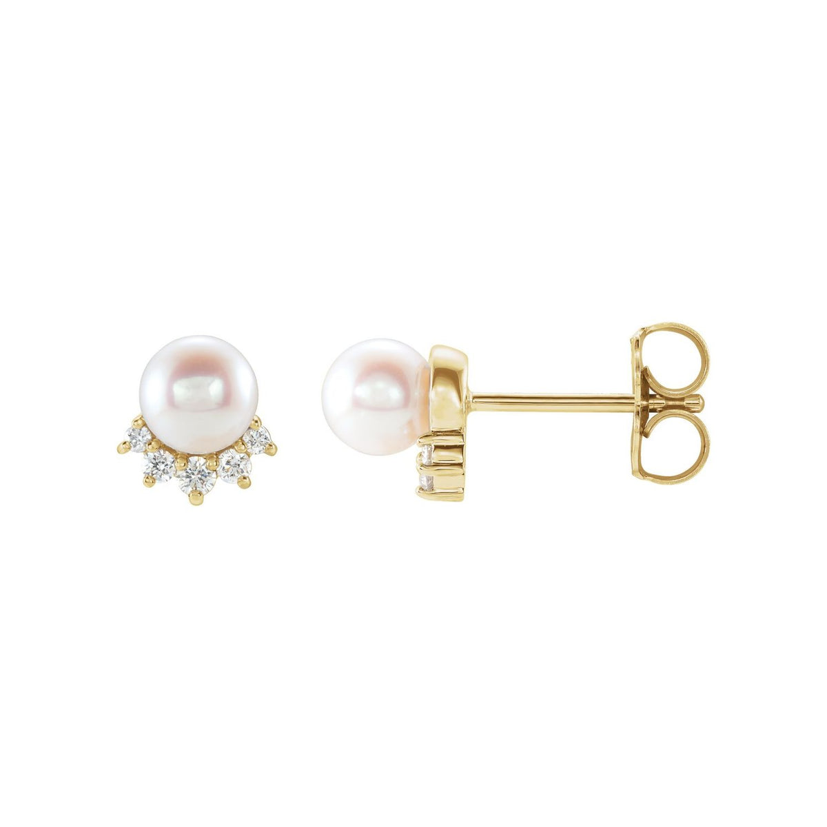 14K Yellow Gold pearl and diamond stud earrings