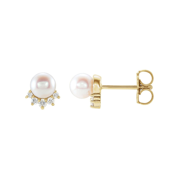 14K Yellow Gold pearl and diamond stud earrings