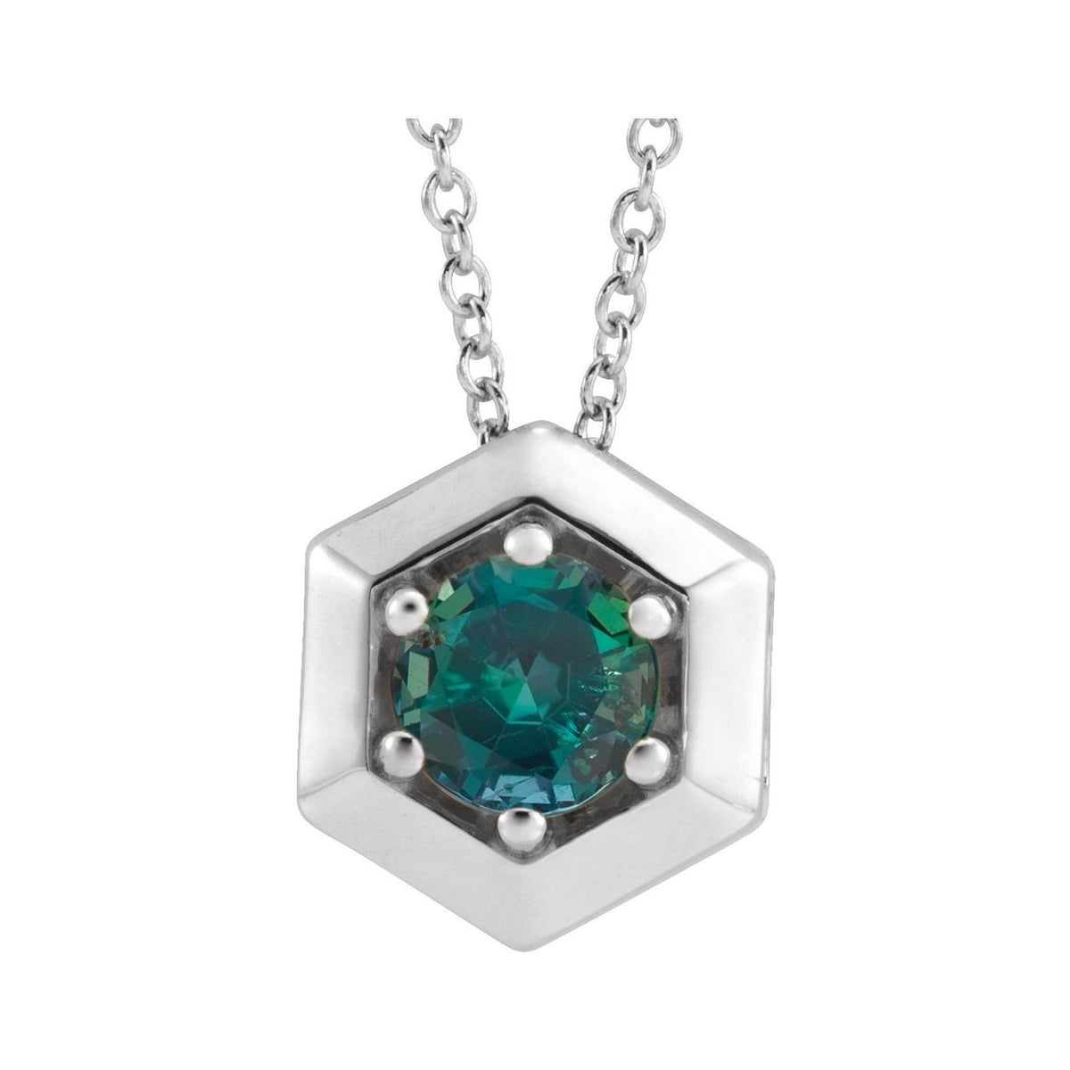 Lab-Grown Alexandrite Hexagon Necklace in 14K White Gold on a 16 to 18 inch adjustable 14K gold cable chain