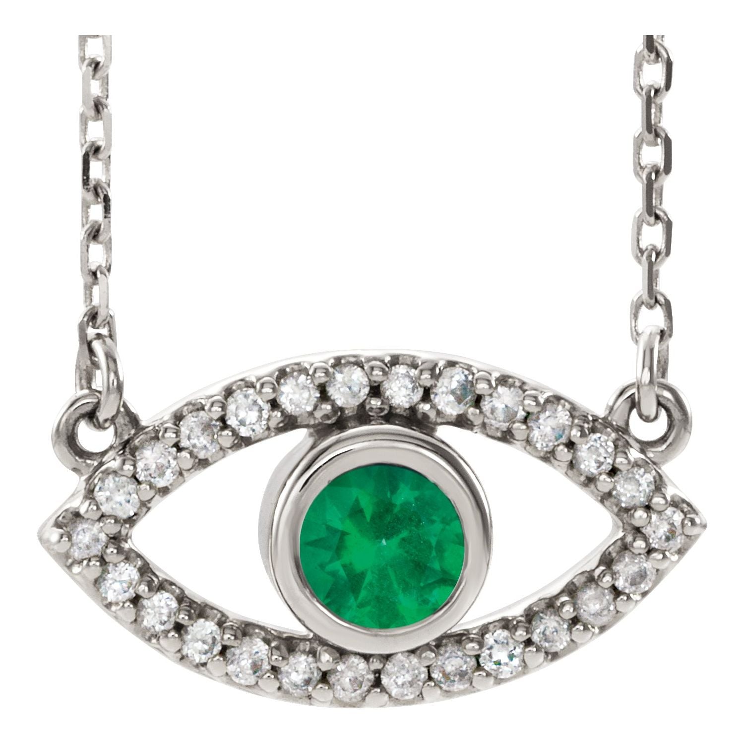 14K White Gold lab-grown emerald evil eye necklace with pavé sapphire surround