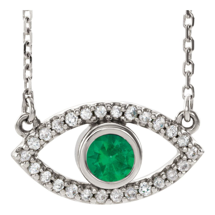 14K White Gold lab-grown emerald evil eye necklace with pavé sapphire surround
