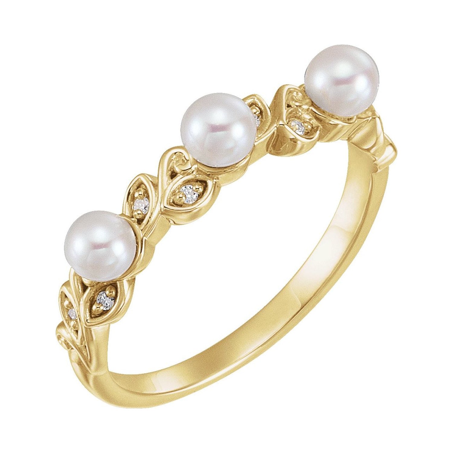 14K Yellow Gold Leaf Pattern Pearl Ring with three cultured freshwater pearls, natural diamond accents