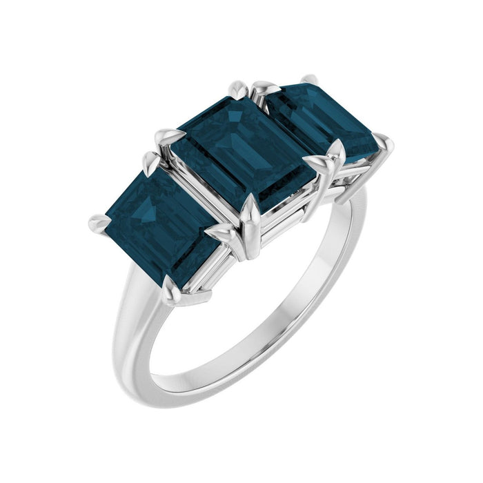 London Blue Topaz Emerald-Cut Three-Stone Ring in 14K White Gold