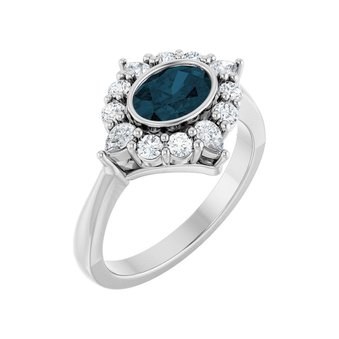 London Blue Topaz Oval Diamond Halo Ring (3/8 ctw) in 14K White Gold
