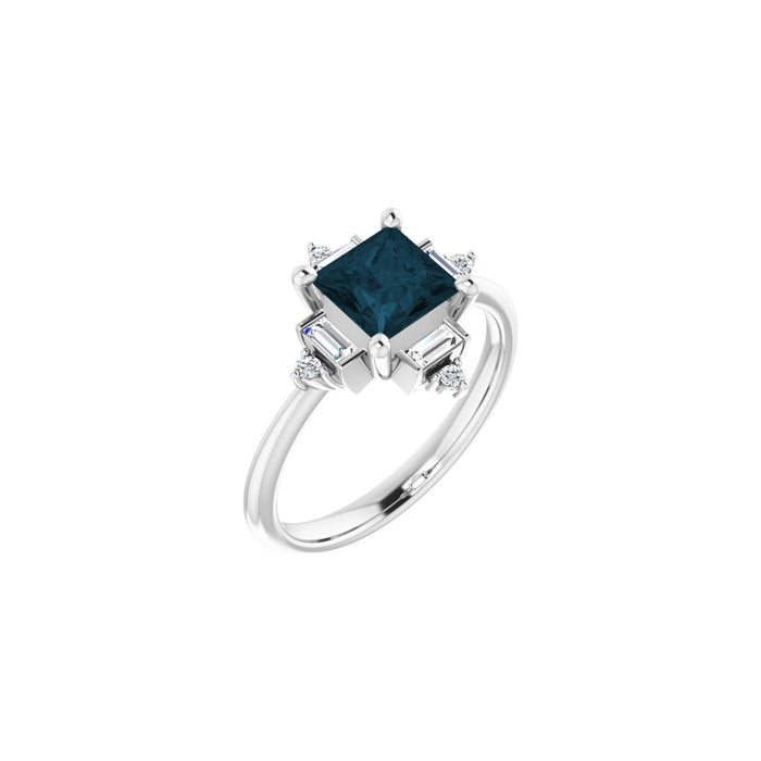 London Blue Topaz Square Geometric Diamond Ring (1/5 ctw) in 14K White Gold