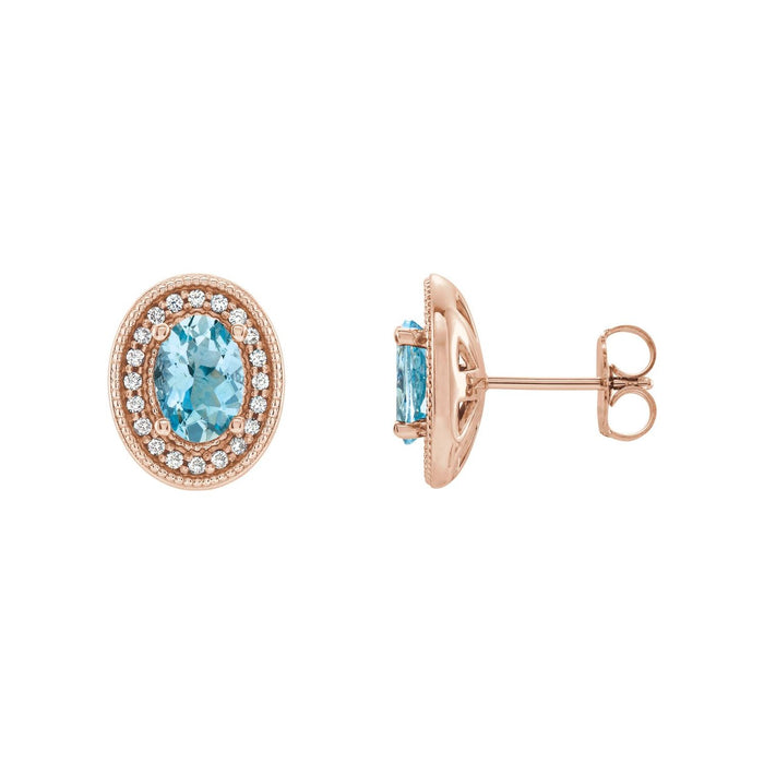 March Aquamarine Oval Diamond Halo Birthstone Earrings (1/6 ct tw) in 14K Rose Gold