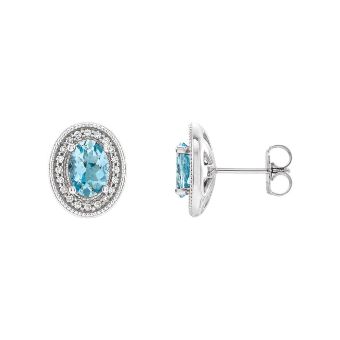 March Aquamarine Oval Diamond Halo Birthstone Earrings (1/6 ct tw) in 14K White Gold