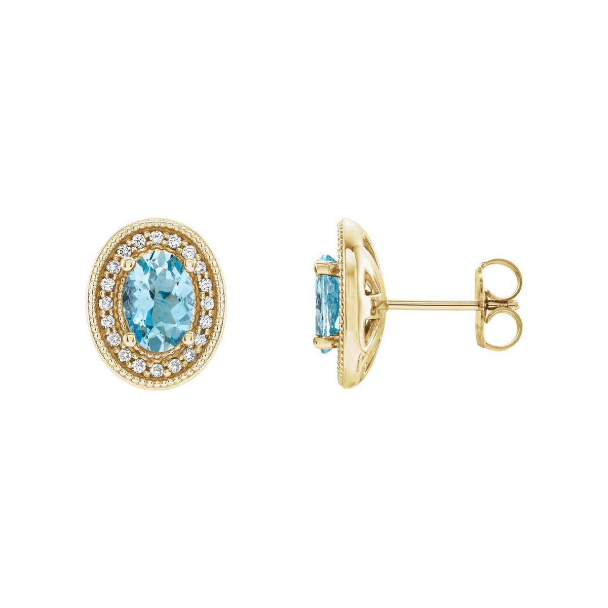 March Aquamarine Oval Diamond Halo Birthstone Earrings (1/6 ct tw) in 14K Yellow Gold