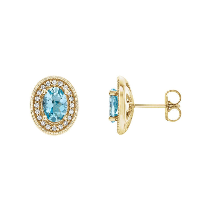 14K Yellow Gold aquamarine oval halo earrings