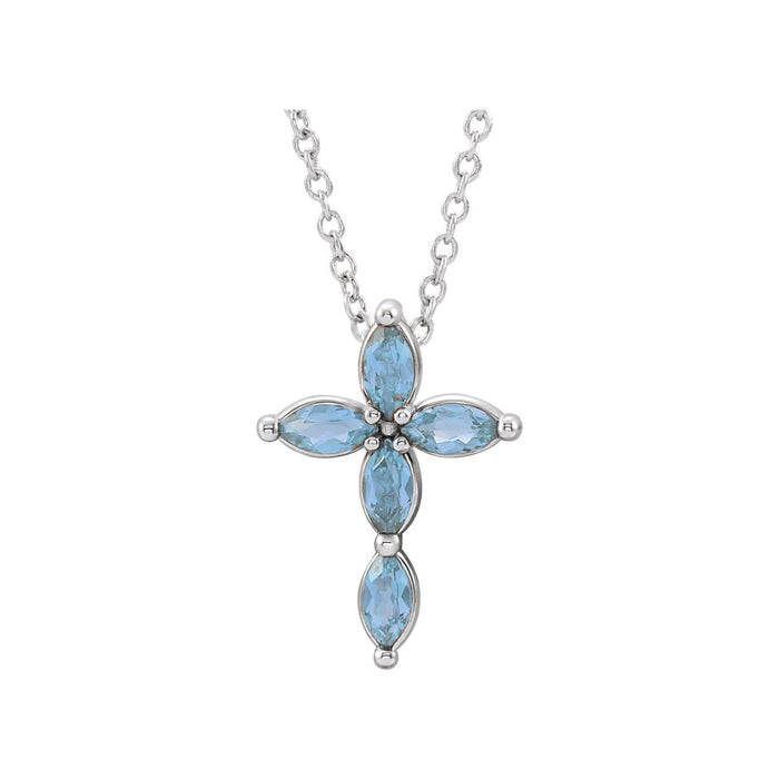 Marquise Aquamarine Cross Necklace in 14K White Gold on a 16 to 18 inch adjustable gold cable chain