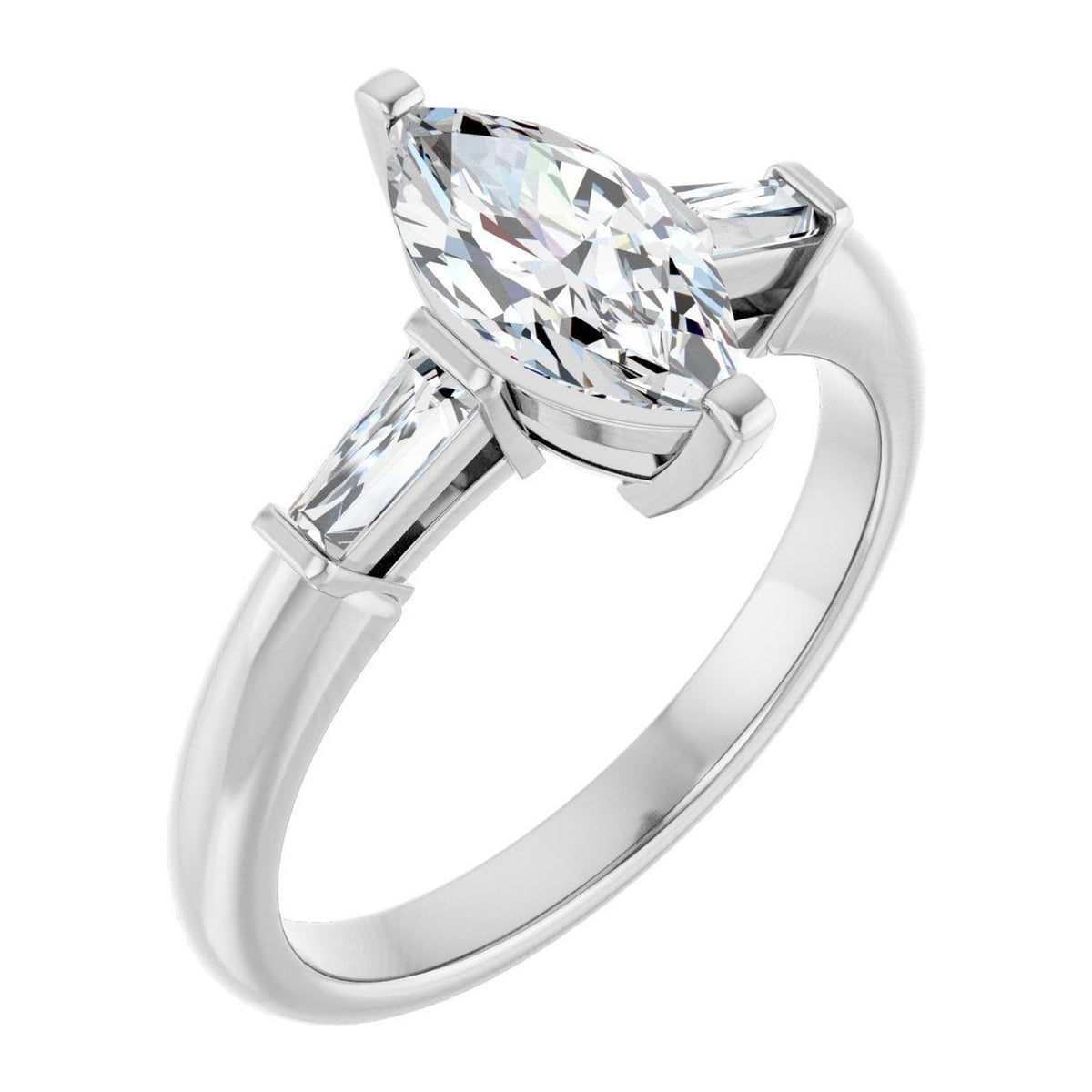 Marquise Lab-Grown Diamond Tapered-Baguette Three-Stone engagement ring in 14K White Gold, shown with a 1.00 ct center