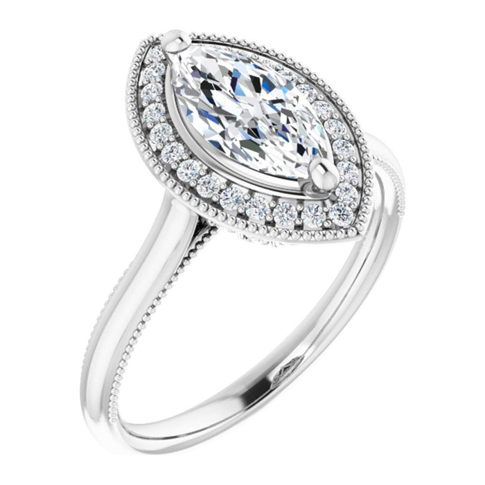 Marquise Lab-Grown Diamond Vintage Milgrain Halo engagement ring in 14K White Gold, shown with a 1.00 ct center