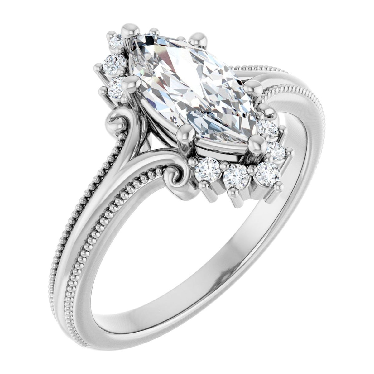 Marquise Lab-Grown Diamond Vintage Scroll Cluster engagement ring in 14K White Gold, shown with a 1.00 ct center