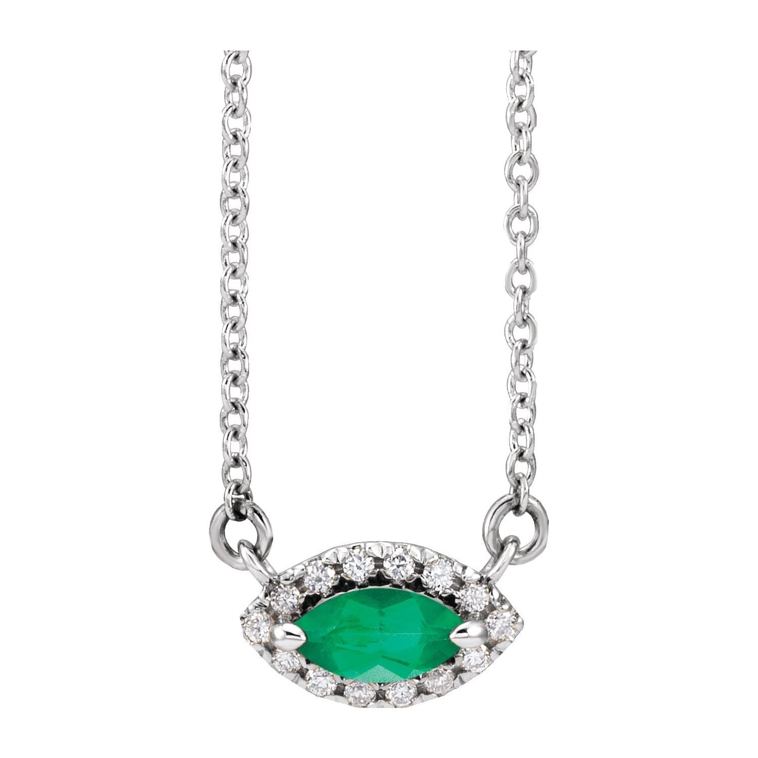 14K White Gold marquise lab-grown emerald halo necklace