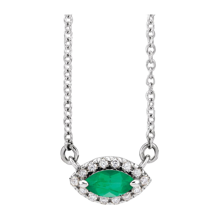 14K White Gold marquise lab-grown emerald halo necklace