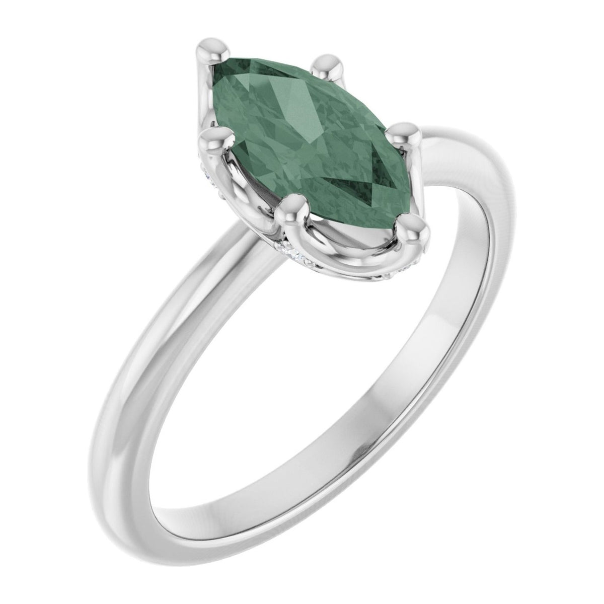Marquise lab-grown green sapphire classic solitaire engagement ring in 14K White Gold, shown with a 10 x 5 mm center
