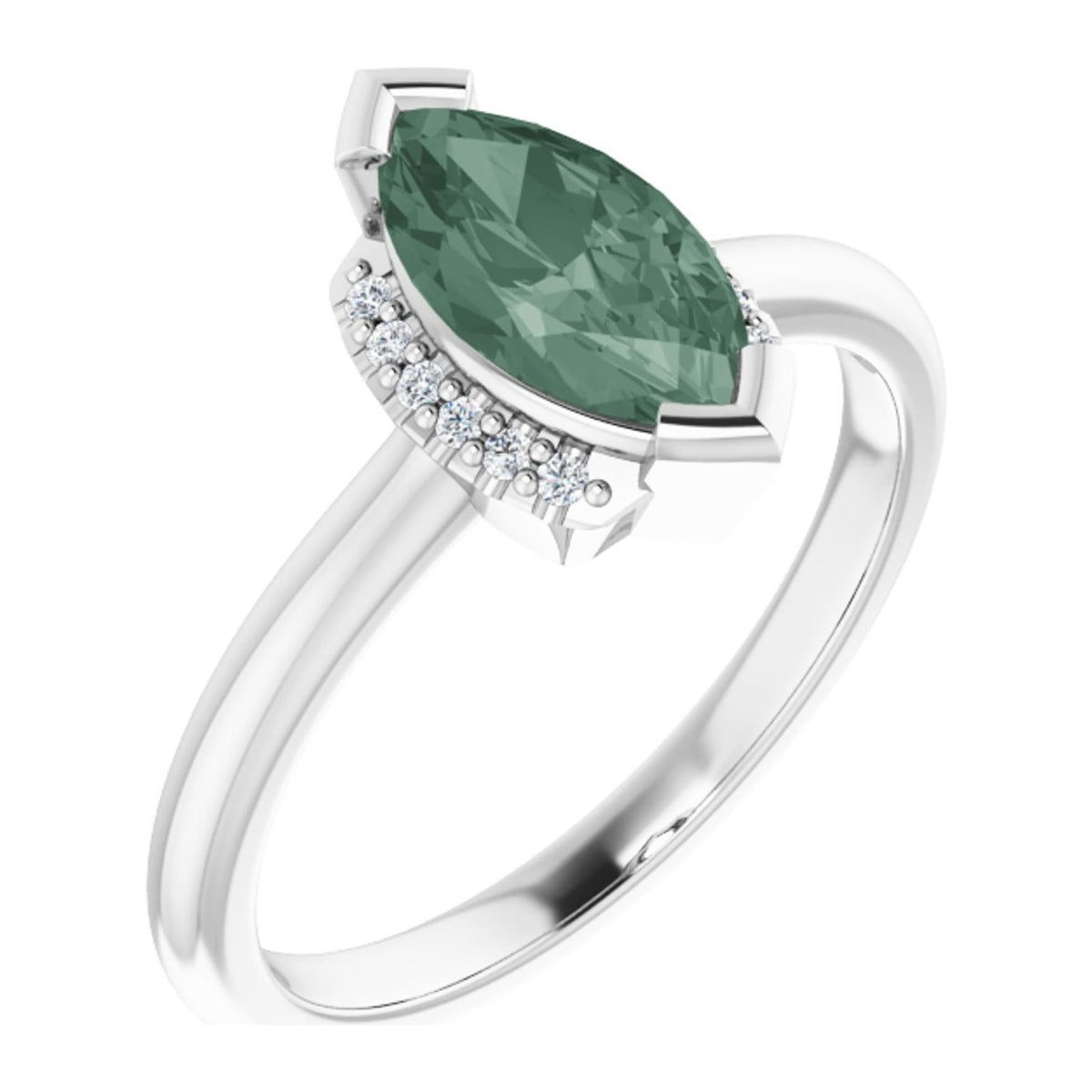 Marquise lab-grown green sapphire hidden-halo solitaire engagement ring in 14K White Gold, shown with a 10 x 5 mm center