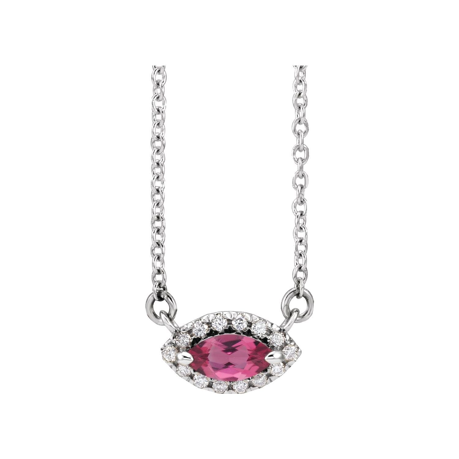 Marquise Pink Tourmaline and Diamond Halo Necklace in 14K White Gold on a 16 or 18 inch gold cable chain
