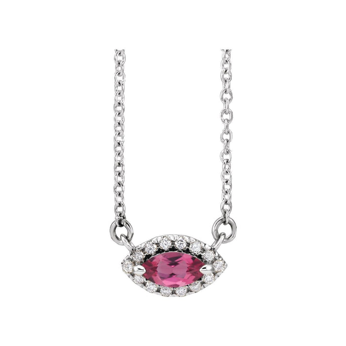 Marquise Pink Tourmaline and Diamond Halo Necklace in 14K White Gold on a 16 or 18 inch gold cable chain