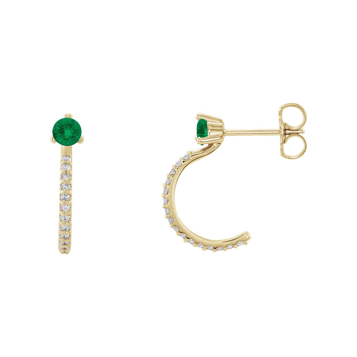 14K Yellow Gold lab-grown emerald hoop earrings with natural diamonds