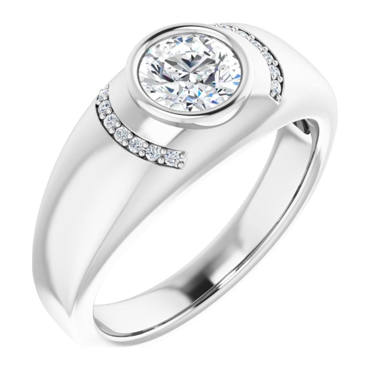 Men's Bezel-Set Moissanite Ring with Pavé Arc in 14K White Gold, shown with a 6.5 mm moissanite center