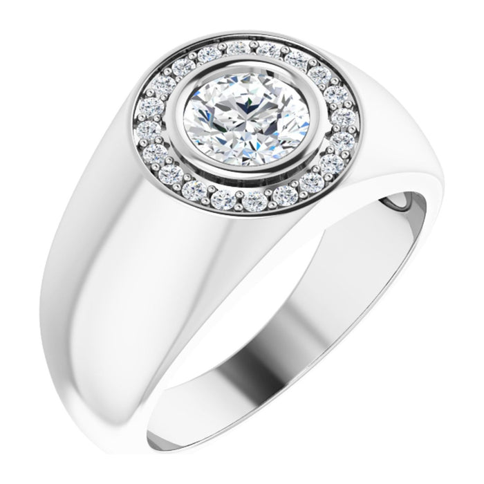 Men's Moissanite Halo Signet Ring in 14K White Gold, shown with a 6.5 mm moissanite center