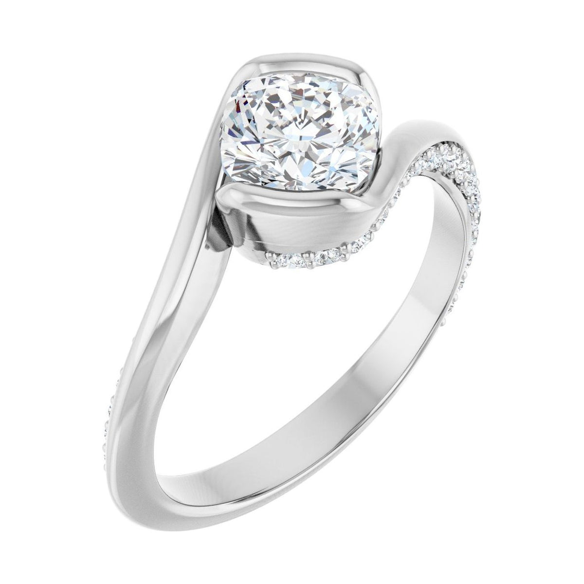 Cushion 1 ct moissanite 14K White Gold half-bezel bypass moissanite engagement ring