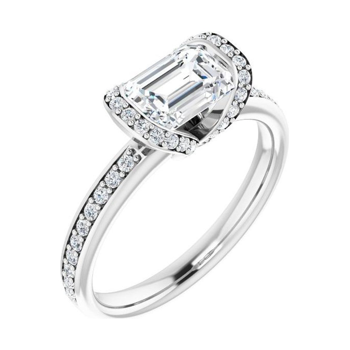 Emerald 1 ct moissanite 14K White Gold half-bezel halo moissanite engagement ring
