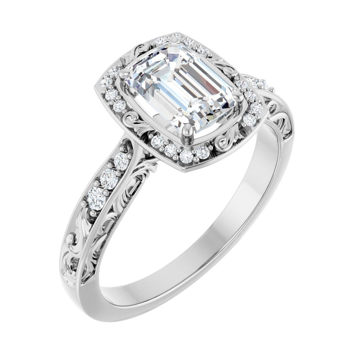 Emerald 1 ct moissanite 14K White Gold vintage scroll halo moissanite engagement ring