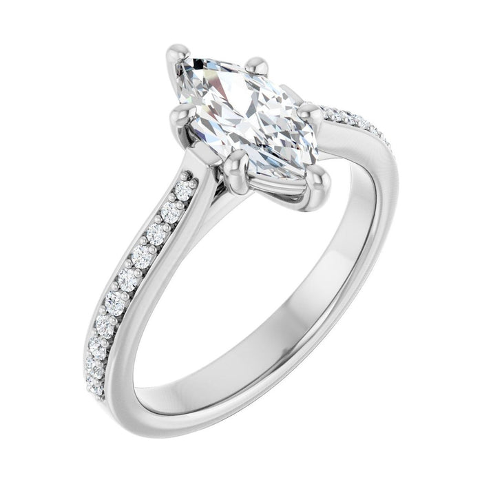 Marquise 1 ct moissanite 14K White Gold french pavé solitaire moissanite engagement ring