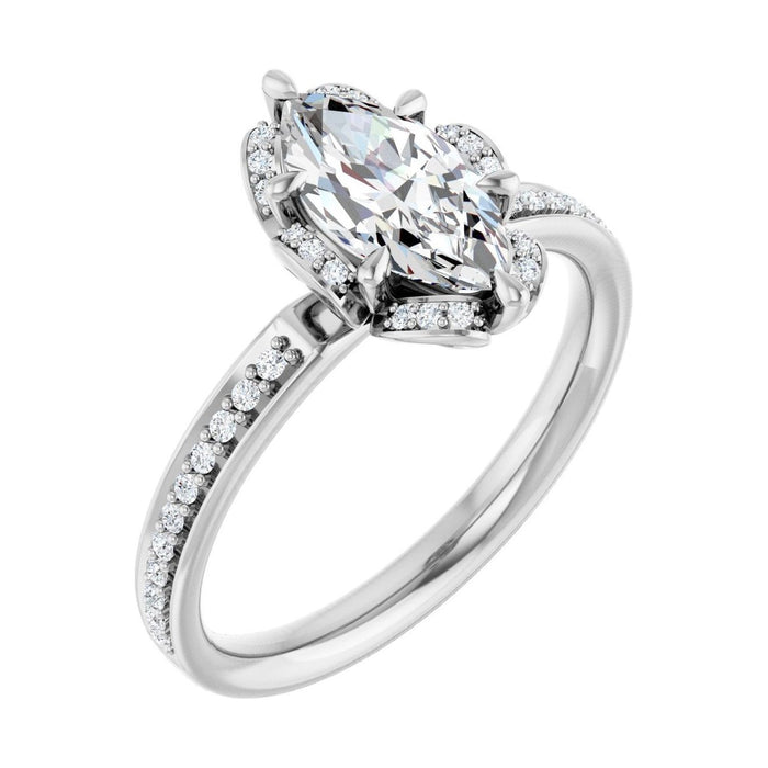 Marquise 1 ct moissanite 14K White Gold petite pavé halo moissanite engagement ring