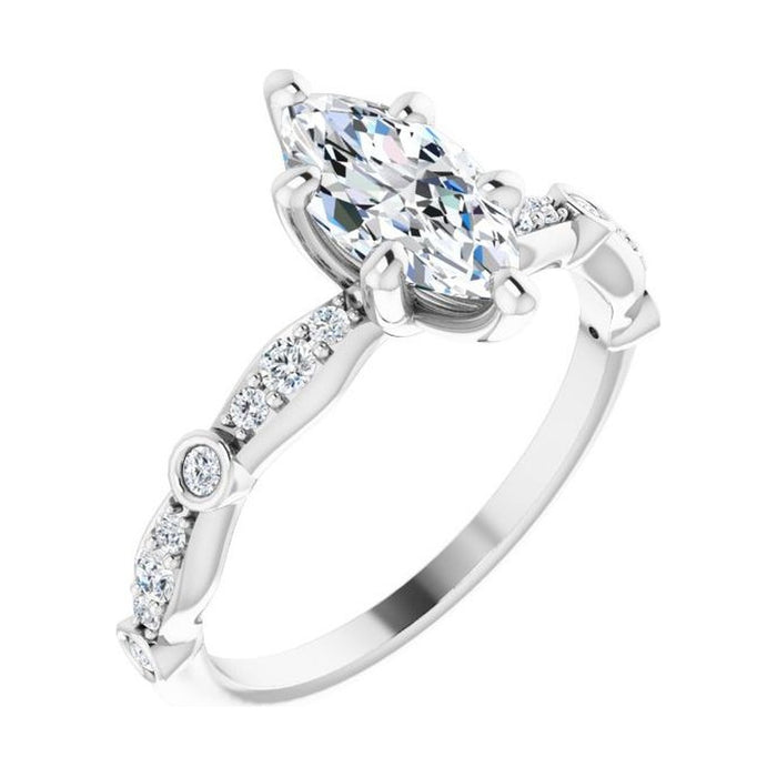 Marquise 1 ct moissanite 14K White Gold petite vintage milgrain moissanite engagement ring