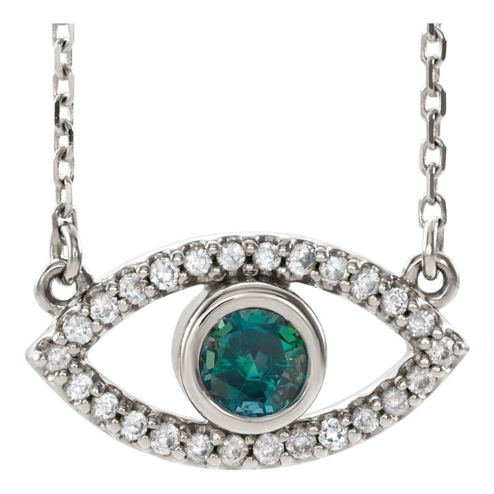 Natural Alexandrite Evil Eye Necklace with natural colorless sapphire accents in 14K White Gold on a 16 or 18 inch gold cable chain