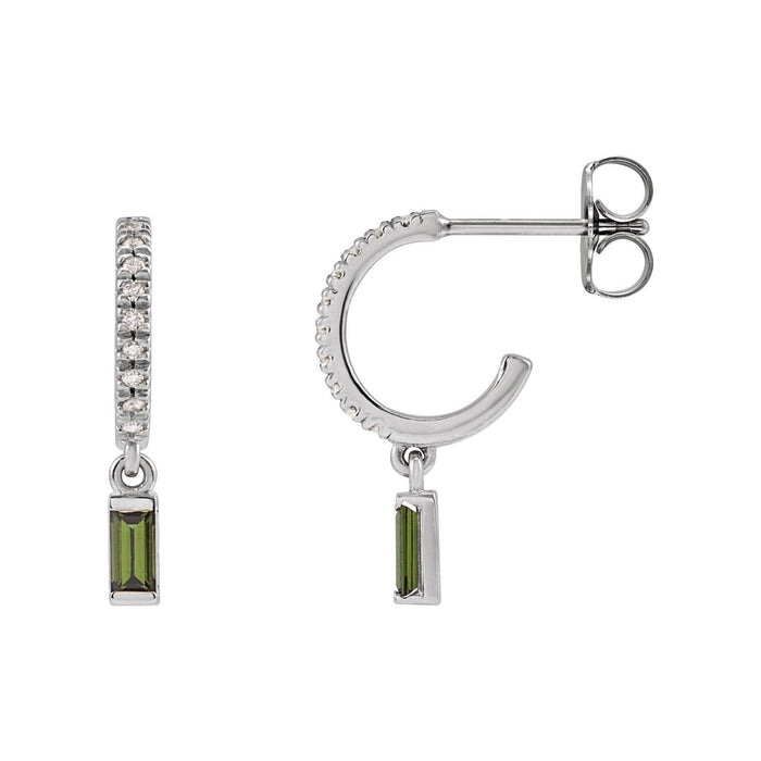 14K White Gold natural green tourmaline french-set hoop earrings