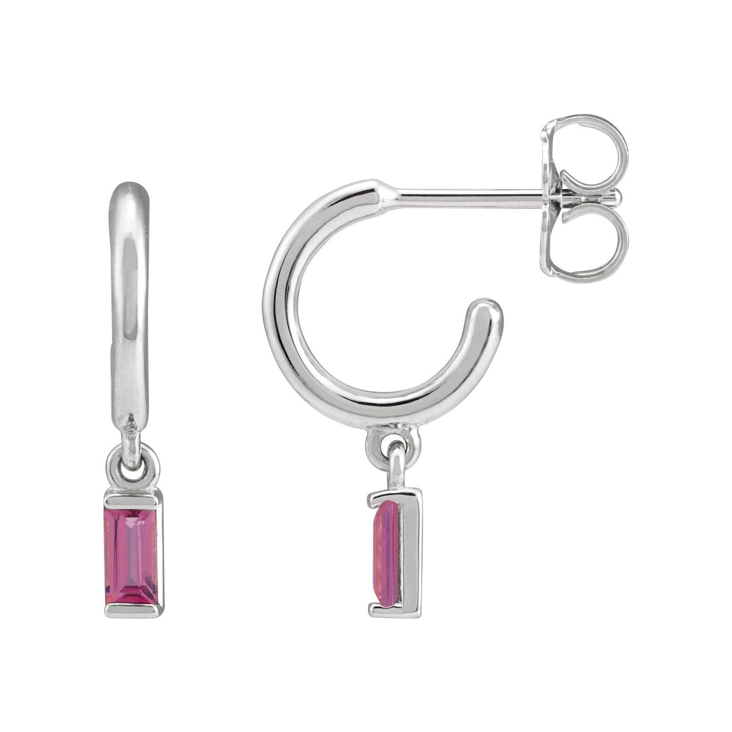 14K White Gold natural pink tourmaline hoop earrings
