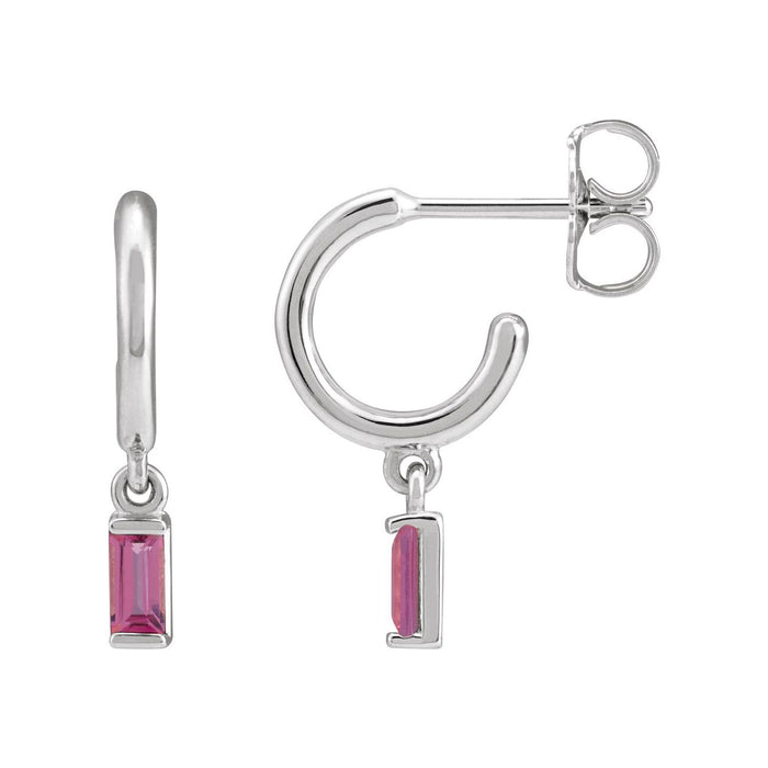 14K White Gold natural pink tourmaline hoop earrings