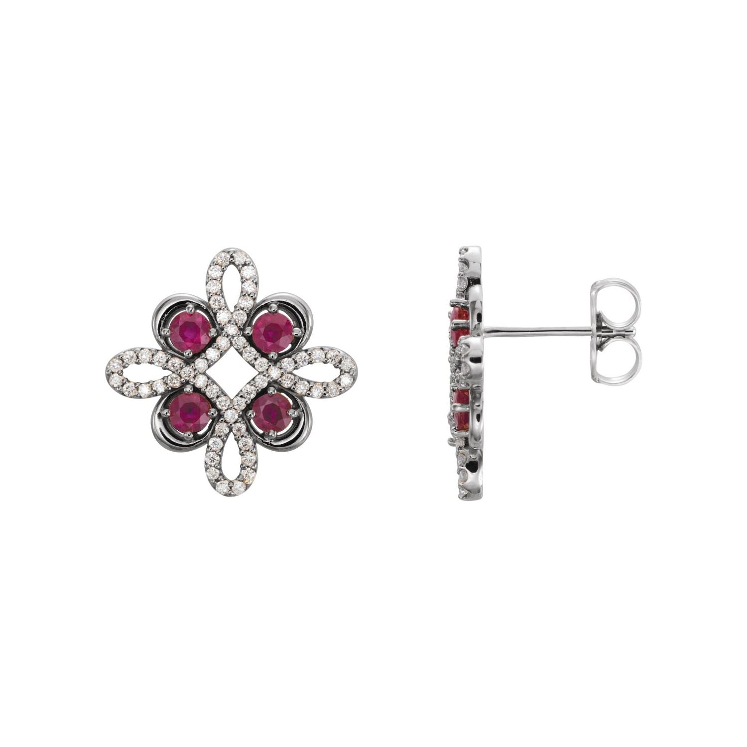14K White Gold round natural ruby earrings