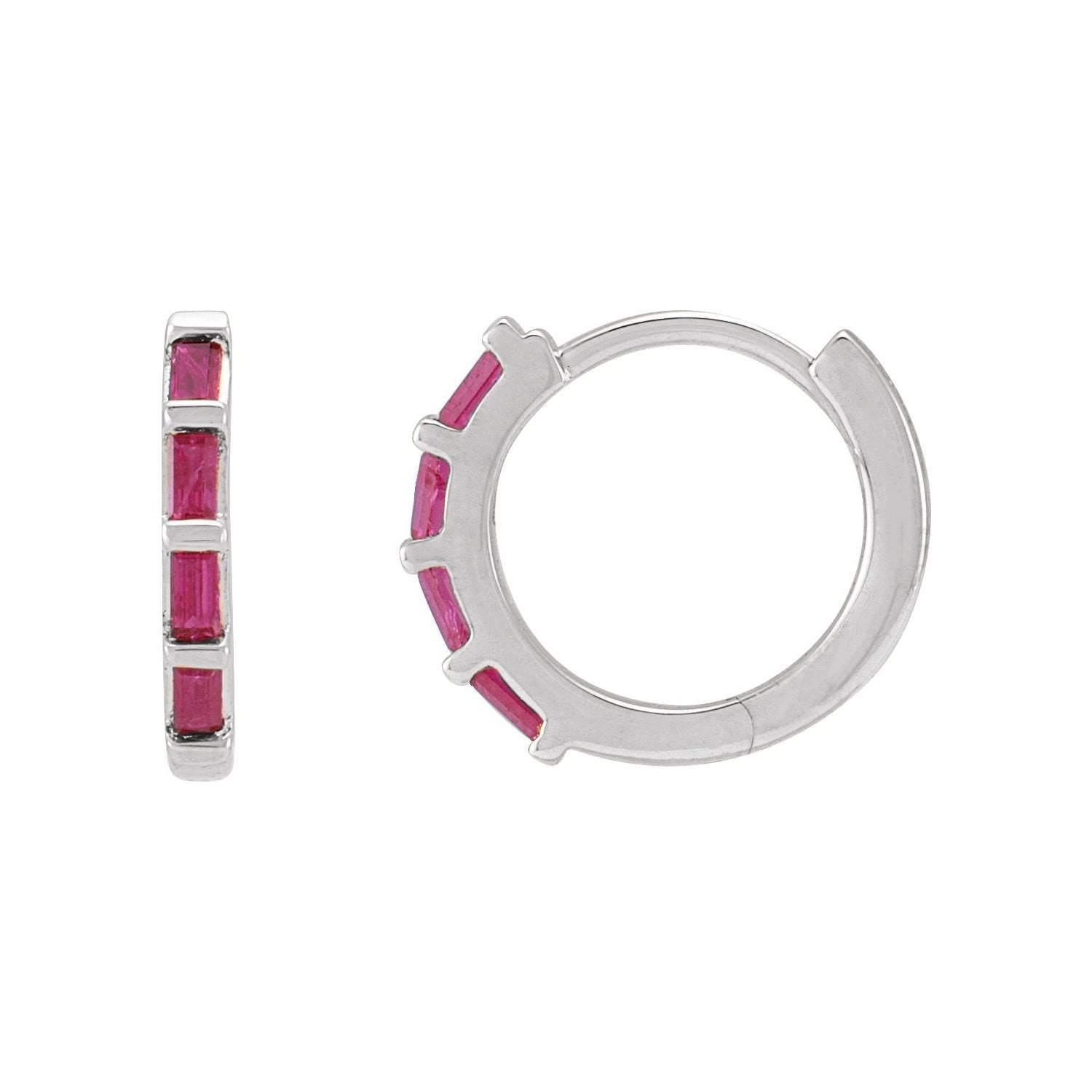 natural ruby baguette huggie earrings in 14k White Gold