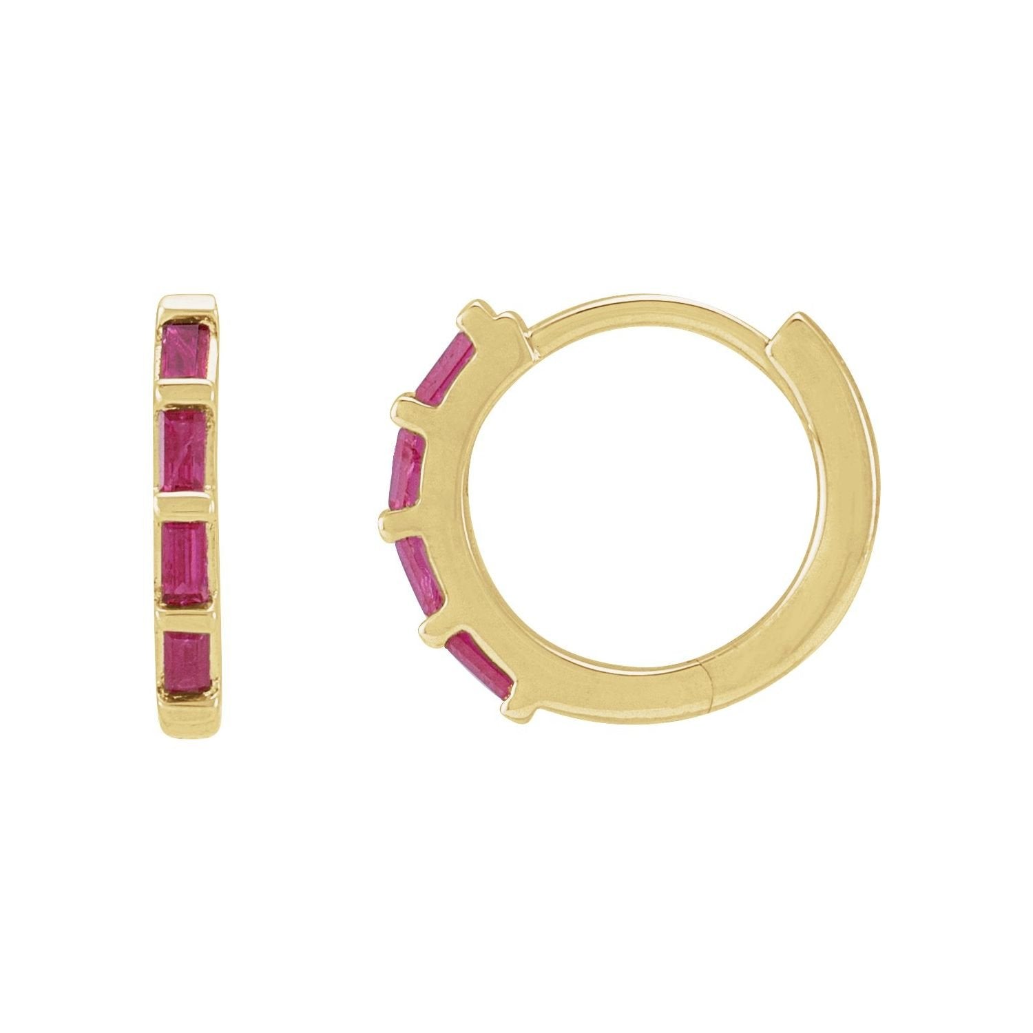 natural ruby baguette huggie earrings in 14k Yellow Gold