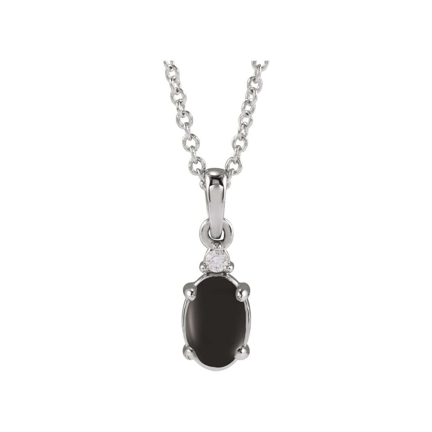 14K White Gold Onyx Cabochon & Diamond Pendant Necklace