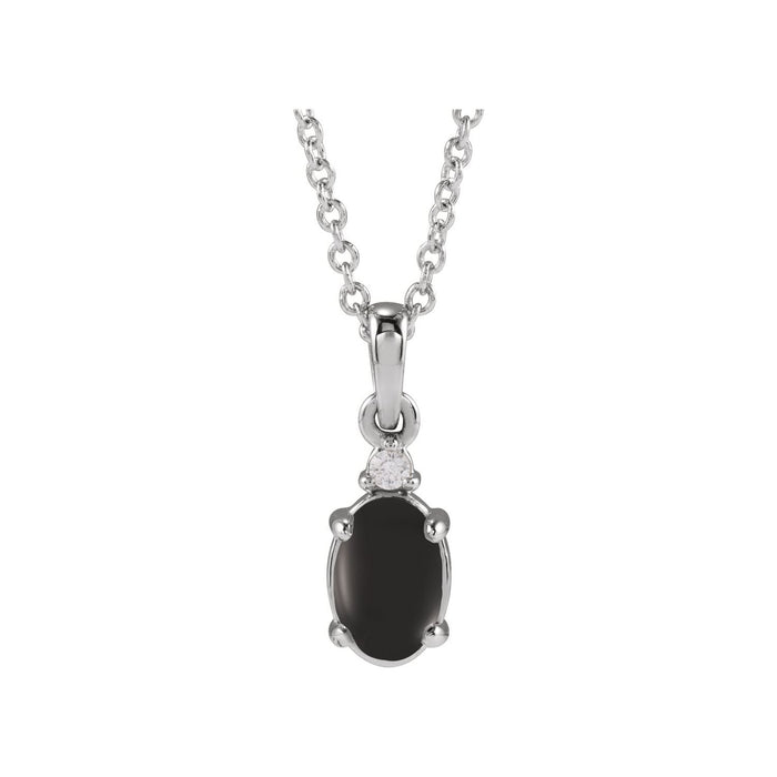 14K White Gold Onyx Cabochon & Diamond Pendant Necklace