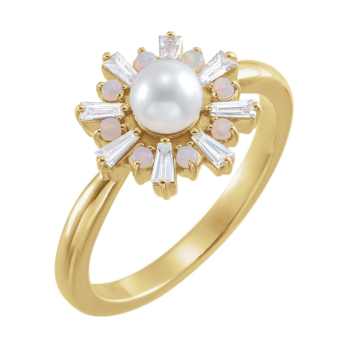 14K Yellow Gold Opal & Diamond Pearl Ring with an akoya cultured pearl, white opal cabochons, natural diamond accents