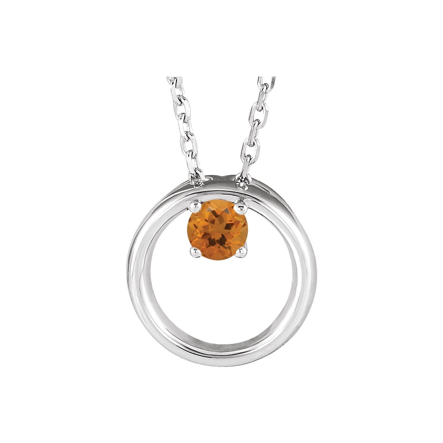 14K White Gold open circle necklace with a prong-set citrine
