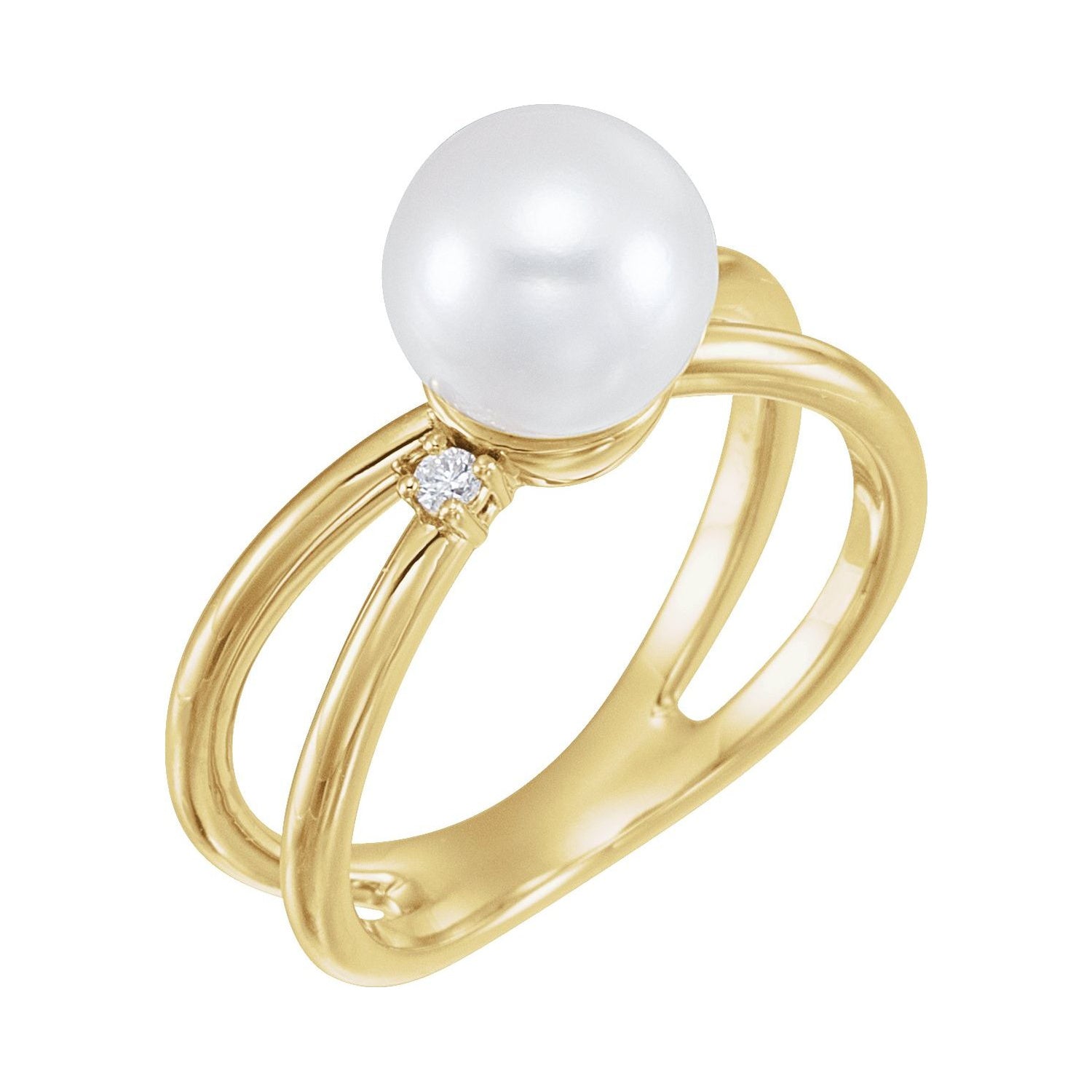 14K Yellow Gold Open Shank Pearl Ring with a cultured freshwater pearl, a natural diamond accent