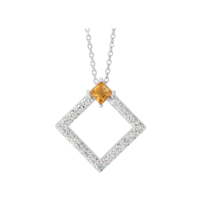 14K White Gold citrine and diamond open square pendant necklace
