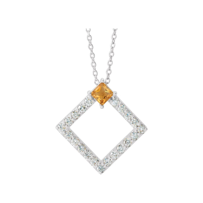 Open Square Citrine Pendant with Diamonds in 14K White Gold